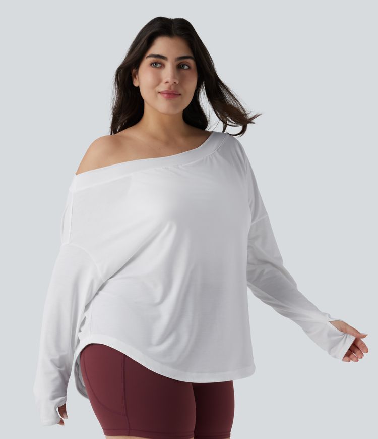 One Shoulder Long Sleeve Thumb Hole Curved Hem High Low Quick Dry Yoga Plus Size Sports Top-Built-in Bra