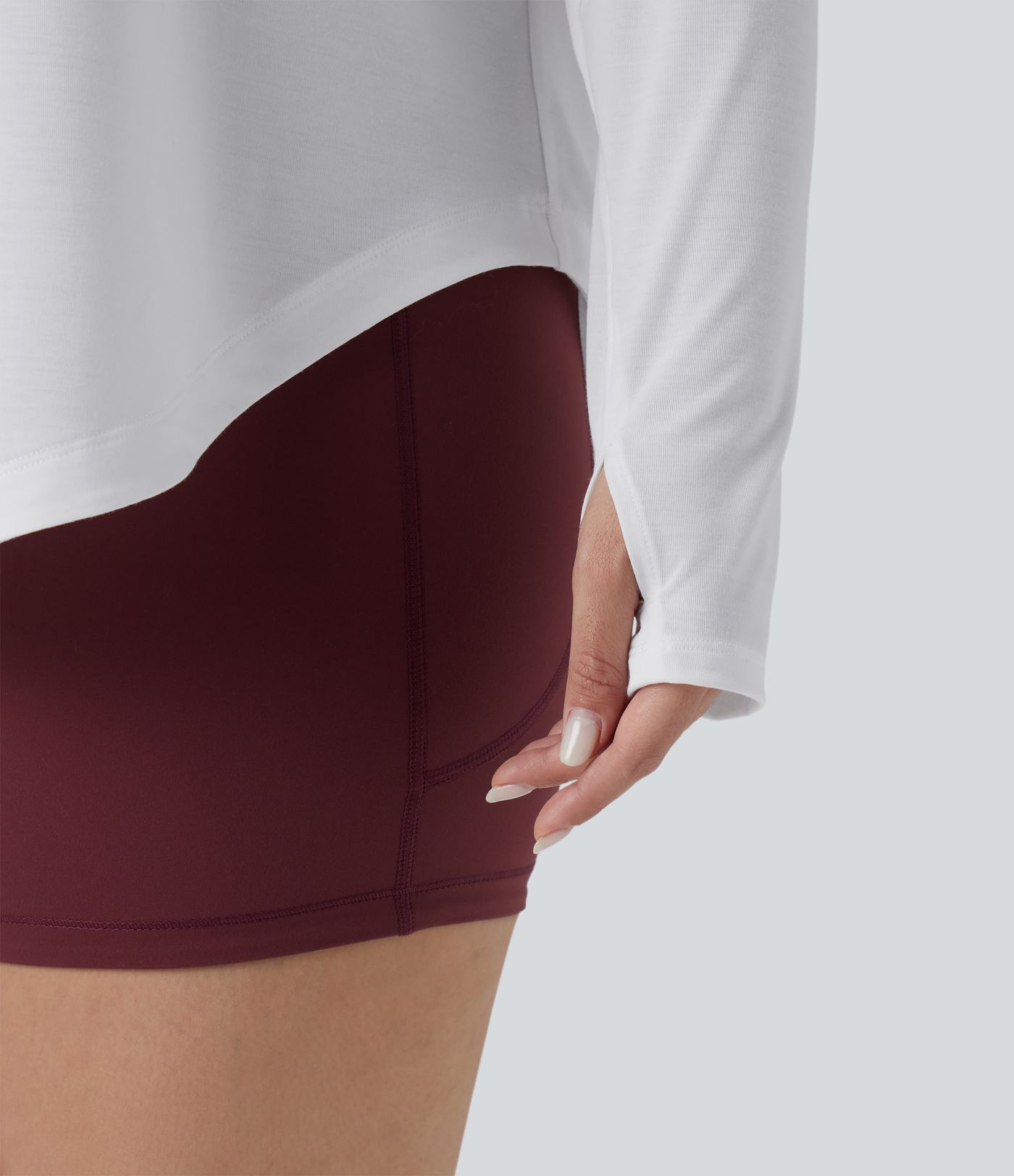 One Shoulder Long Sleeve Thumb Hole Curved Hem High Low Quick Dry Yoga Plus Size Sports Top-Built-in Bra