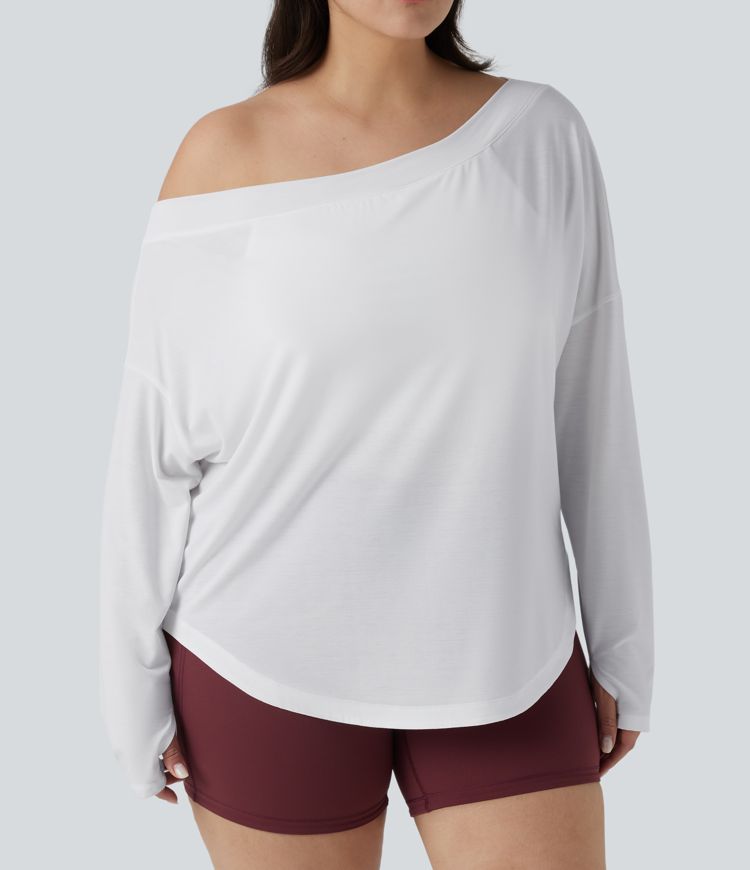 One Shoulder Long Sleeve Thumb Hole Curved Hem High Low Quick Dry Yoga Plus Size Sports Top-Built-in Bra