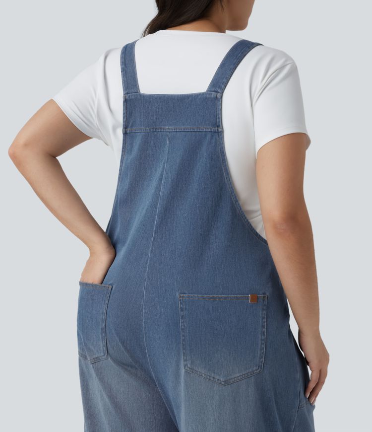 Plus Size Halara Flex™ Square Neck Washed Denim Casual Overalls with Pockets
