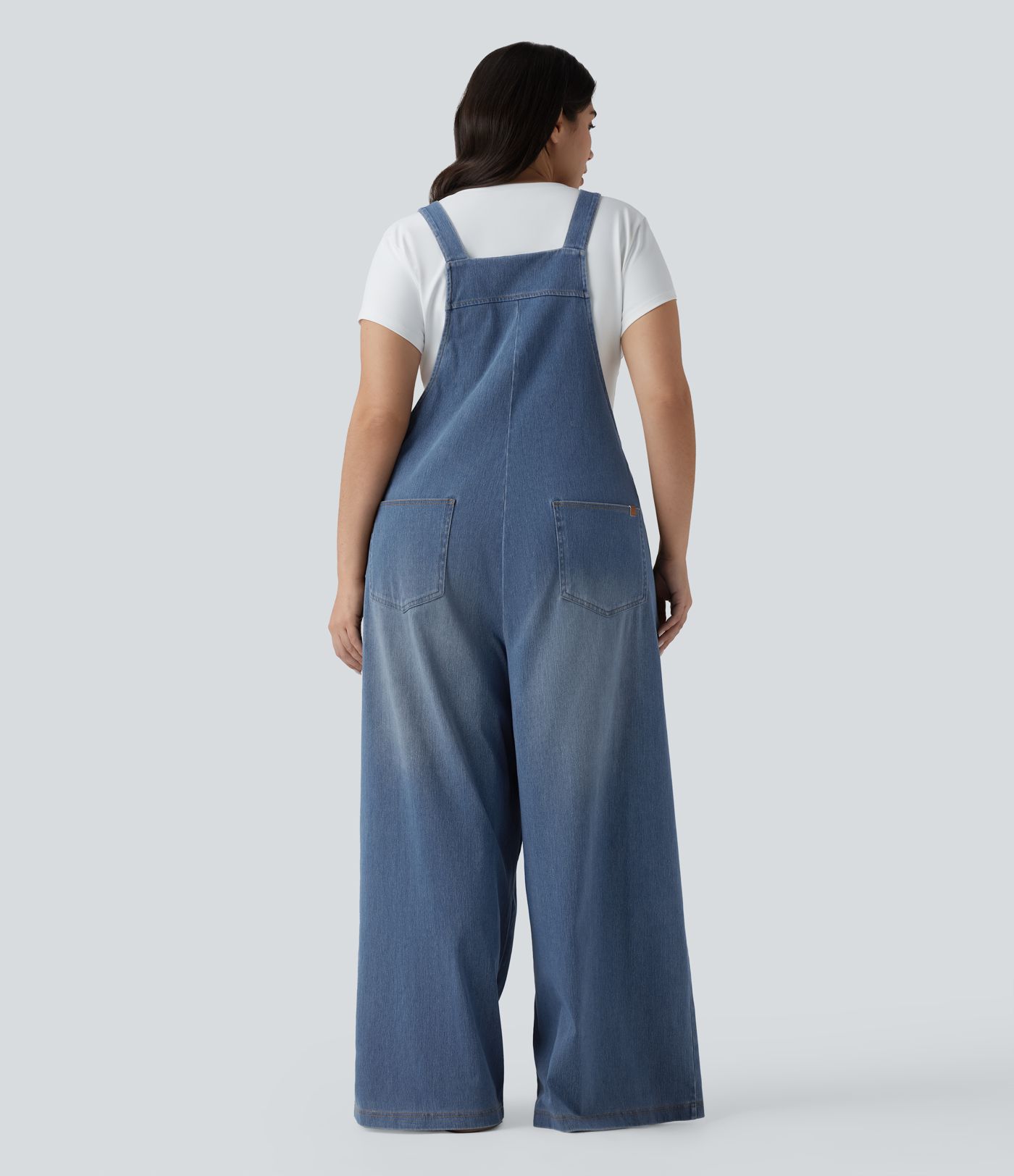 Plus Size Halara Flex™ Square Neck Washed Denim Casual Overalls with Pockets