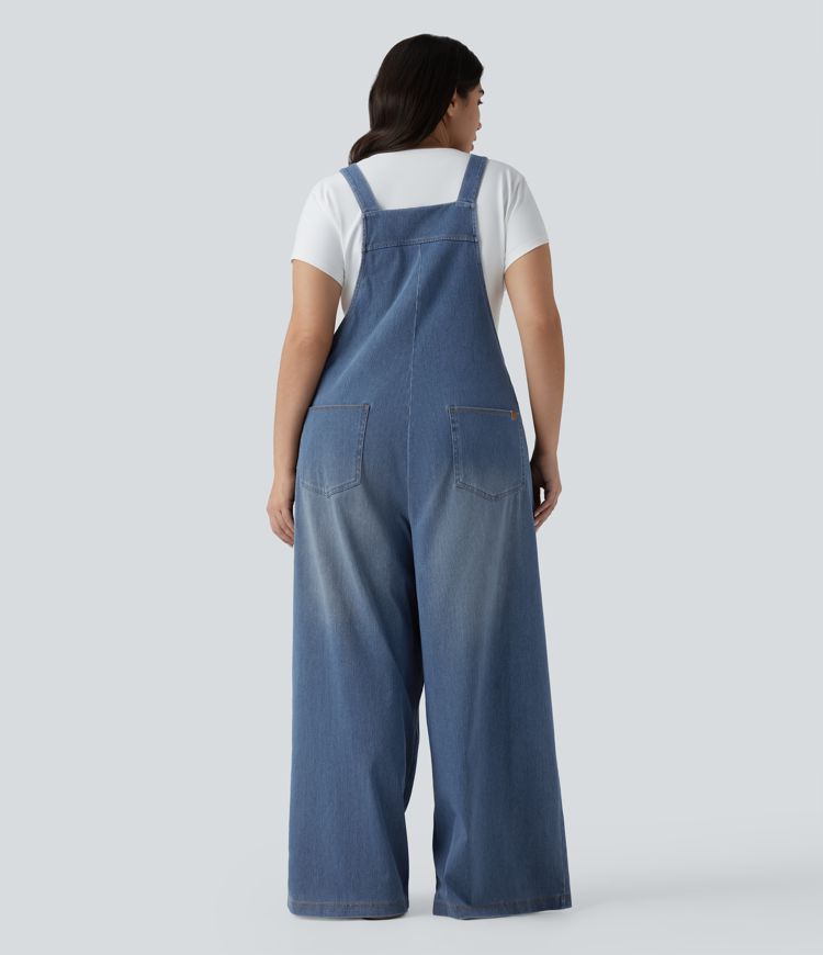 Plus Size Halara Flex™ Square Neck Washed Denim Casual Overalls with Pockets