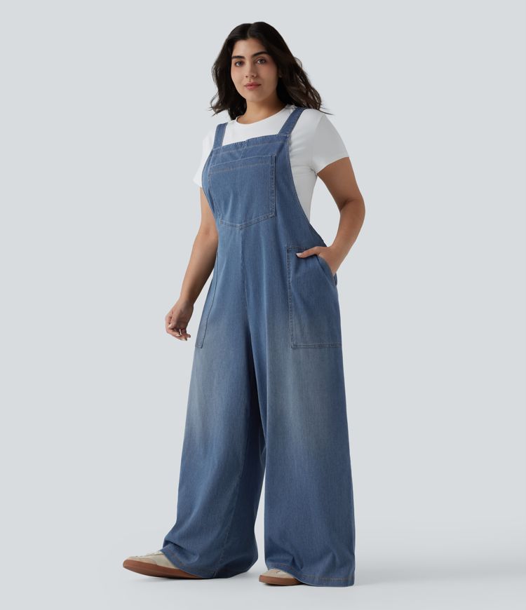 Plus Size Halara Flex™ Square Neck Washed Denim Casual Overalls with Pockets