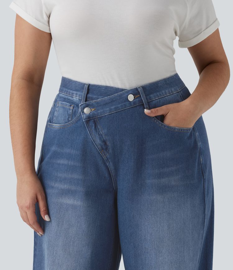 Halara Flex™ Asymmetric High Waisted Washed Casual Baggy Plus Size Jeans with Pockets