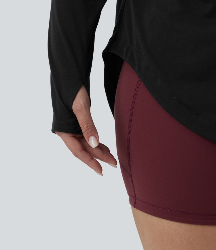 One Shoulder Long Sleeve Thumb Hole Curved Hem High Low Quick Dry Yoga Plus Size Sports Top-Built-in Bra