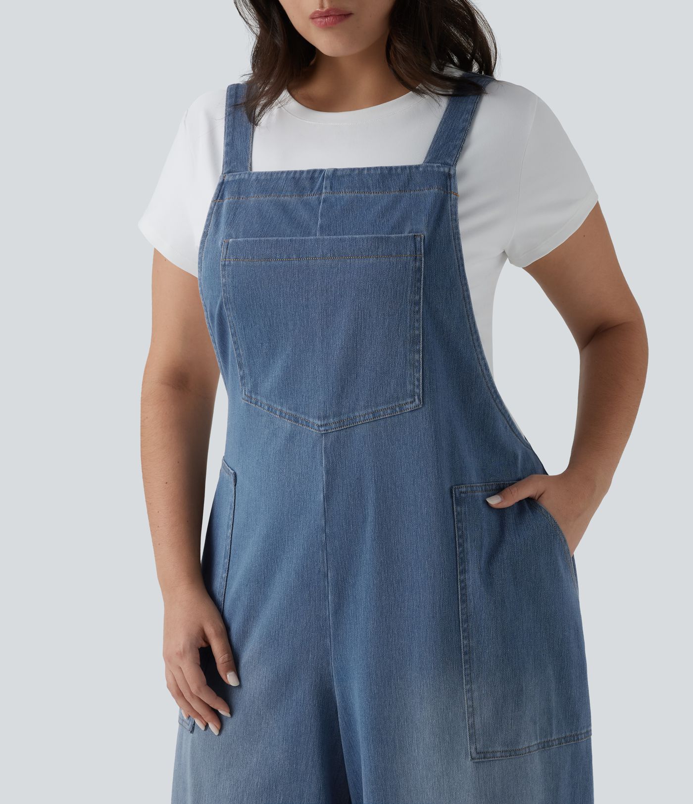 Plus Size Halara Flex™ Square Neck Washed Denim Casual Overalls with Pockets