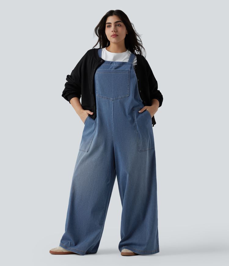 Plus Size Halara Flex™ Square Neck Washed Denim Casual Overalls with Pockets