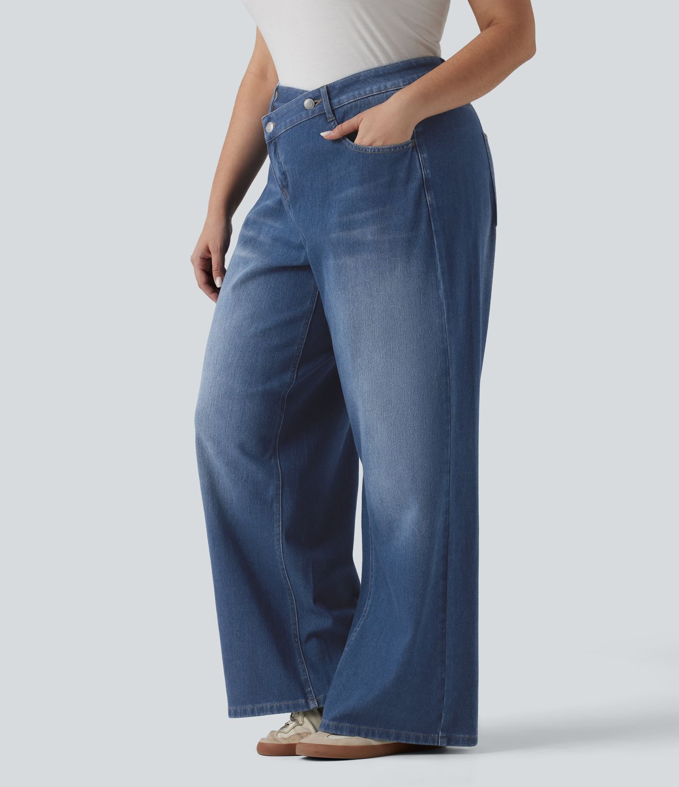 Halara Flex™ Asymmetric High Waisted Washed Casual Baggy Plus Size Jeans with Pockets