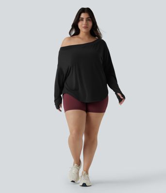 One Shoulder Long Sleeve Thumb Hole Curved Hem High Low Quick Dry Yoga Plus Size Sports Top-Built-in Bra