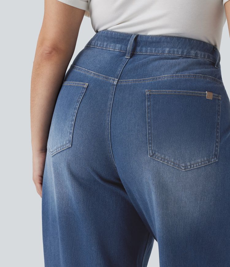 Halara Flex™ Asymmetric High Waisted Washed Casual Baggy Plus Size Jeans with Pockets