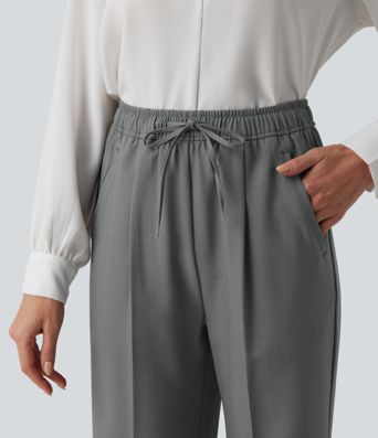 High Waisted Drawstring Straight Leg Work Pants with Pockets