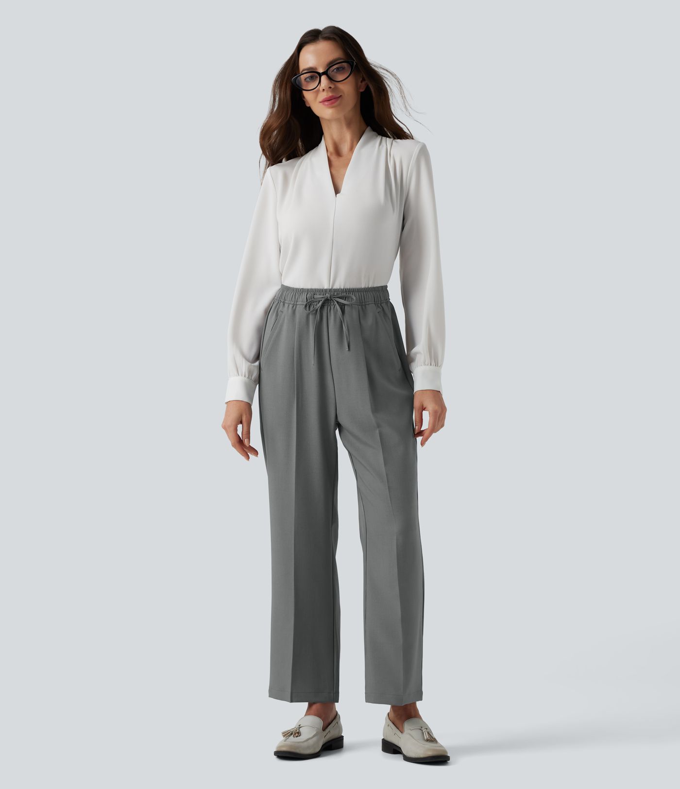 High Waisted Drawstring Straight Leg Work Pants with Pockets
