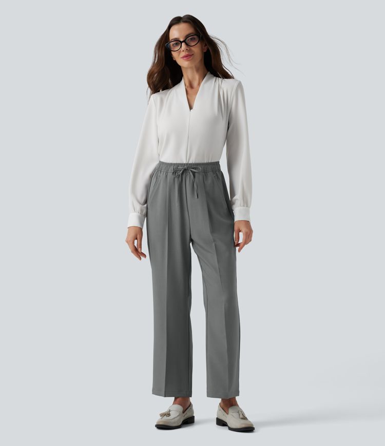 High Waisted Drawstring Straight Leg Work Pants with Pockets
