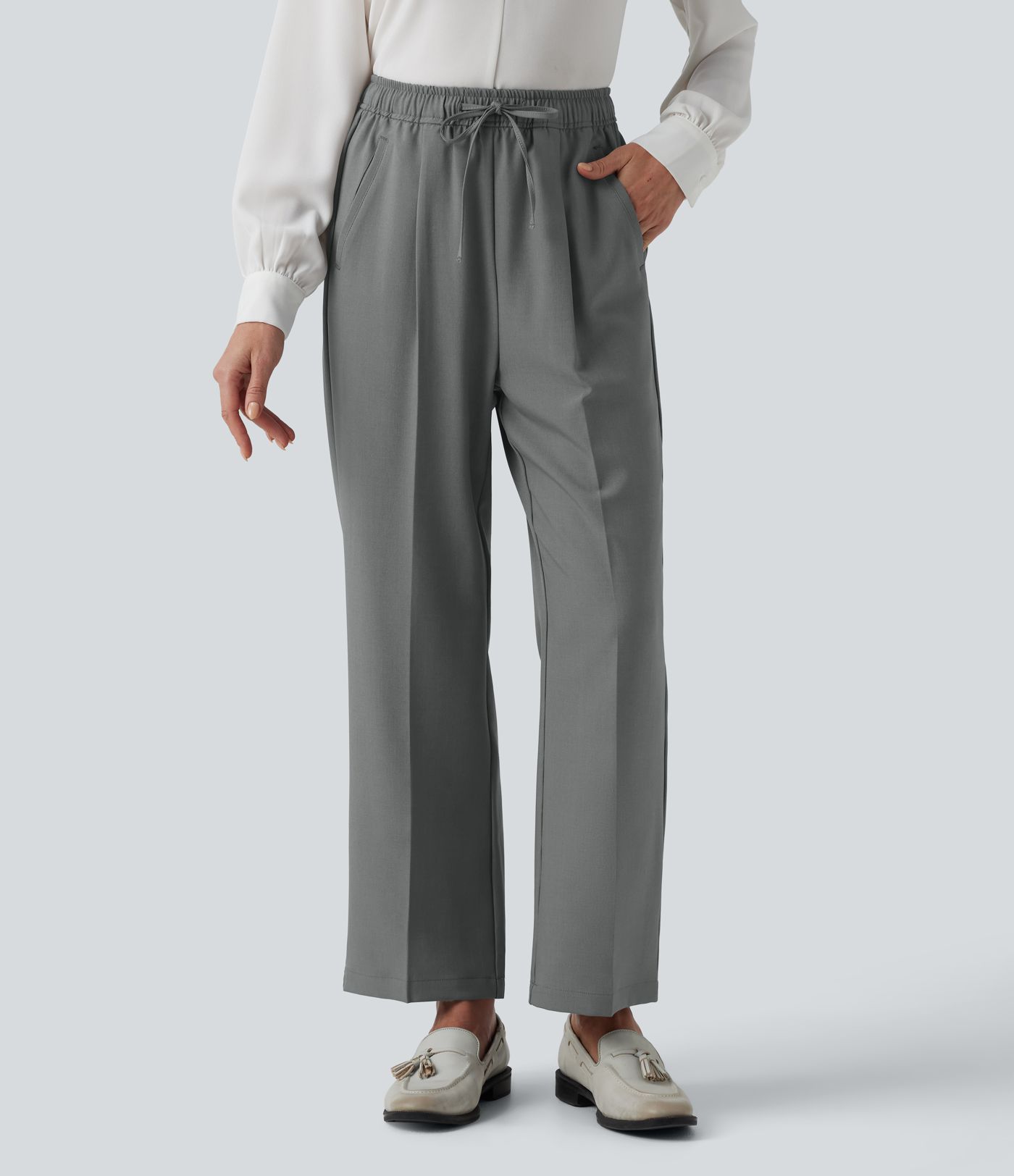 High Waisted Drawstring Straight Leg Work Pants with Pockets