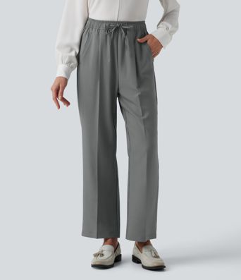 High Waisted Drawstring Straight Leg Work Pants with Pockets