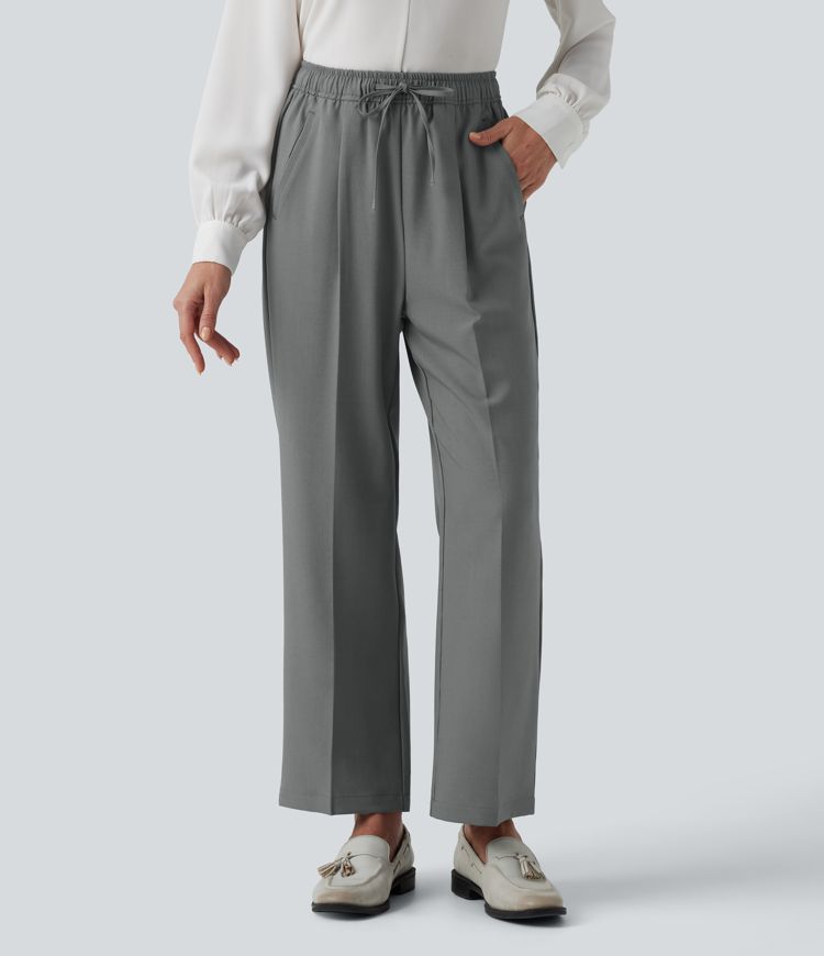 High Waisted Drawstring Straight Leg Work Pants with Pockets