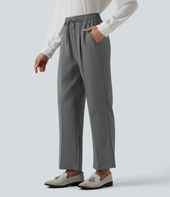 High Waisted Drawstring Straight Leg Work Pants with Pockets
