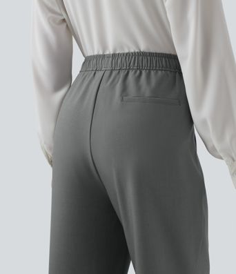 High Waisted Drawstring Straight Leg Work Pants with Pockets