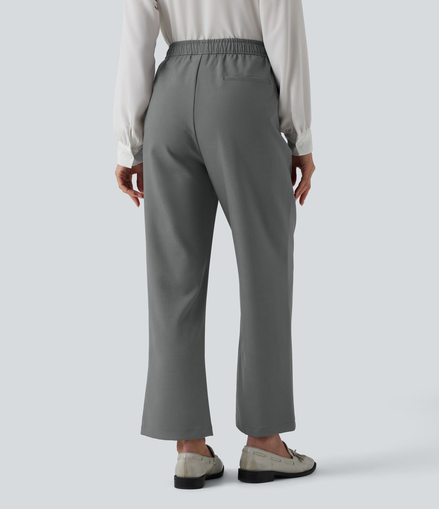 High Waisted Drawstring Straight Leg Work Pants with Pockets