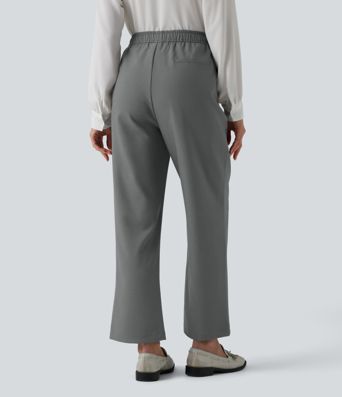 High Waisted Drawstring Straight Leg Work Pants with Pockets
