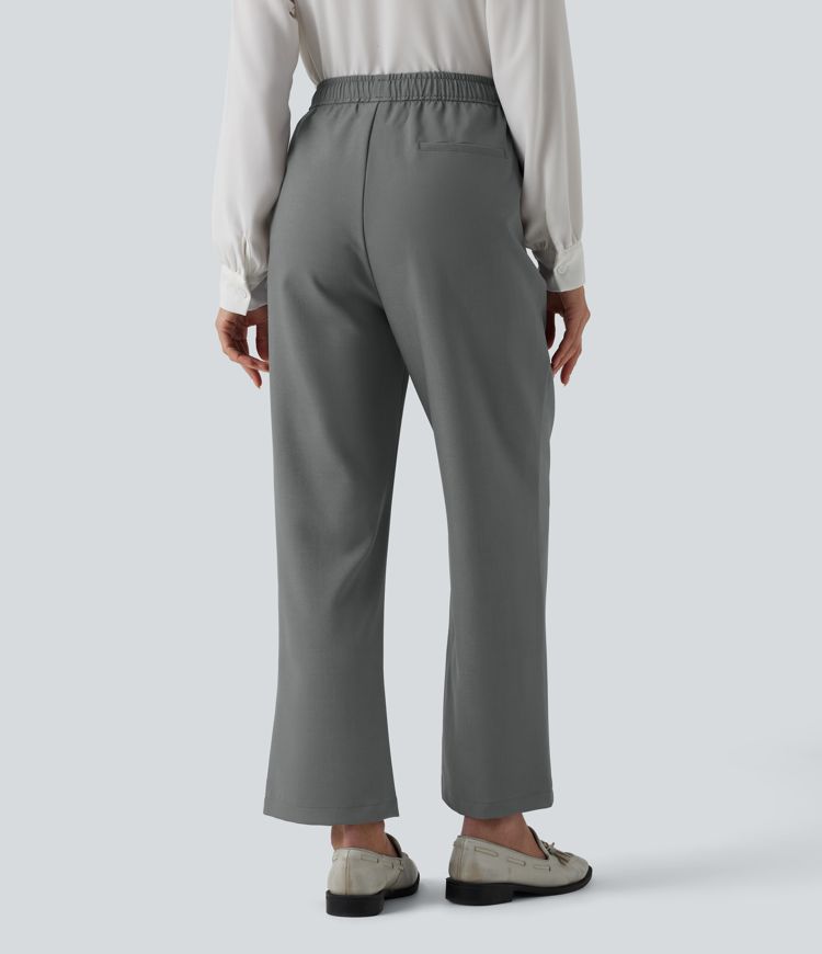 High Waisted Drawstring Straight Leg Work Pants with Pockets