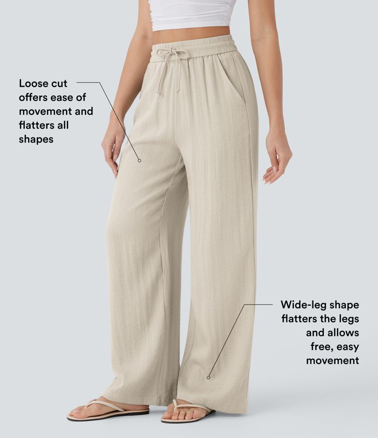 High Waisted Drawstring Pocket Wide Leg Casual Linen-Feel Trousers
