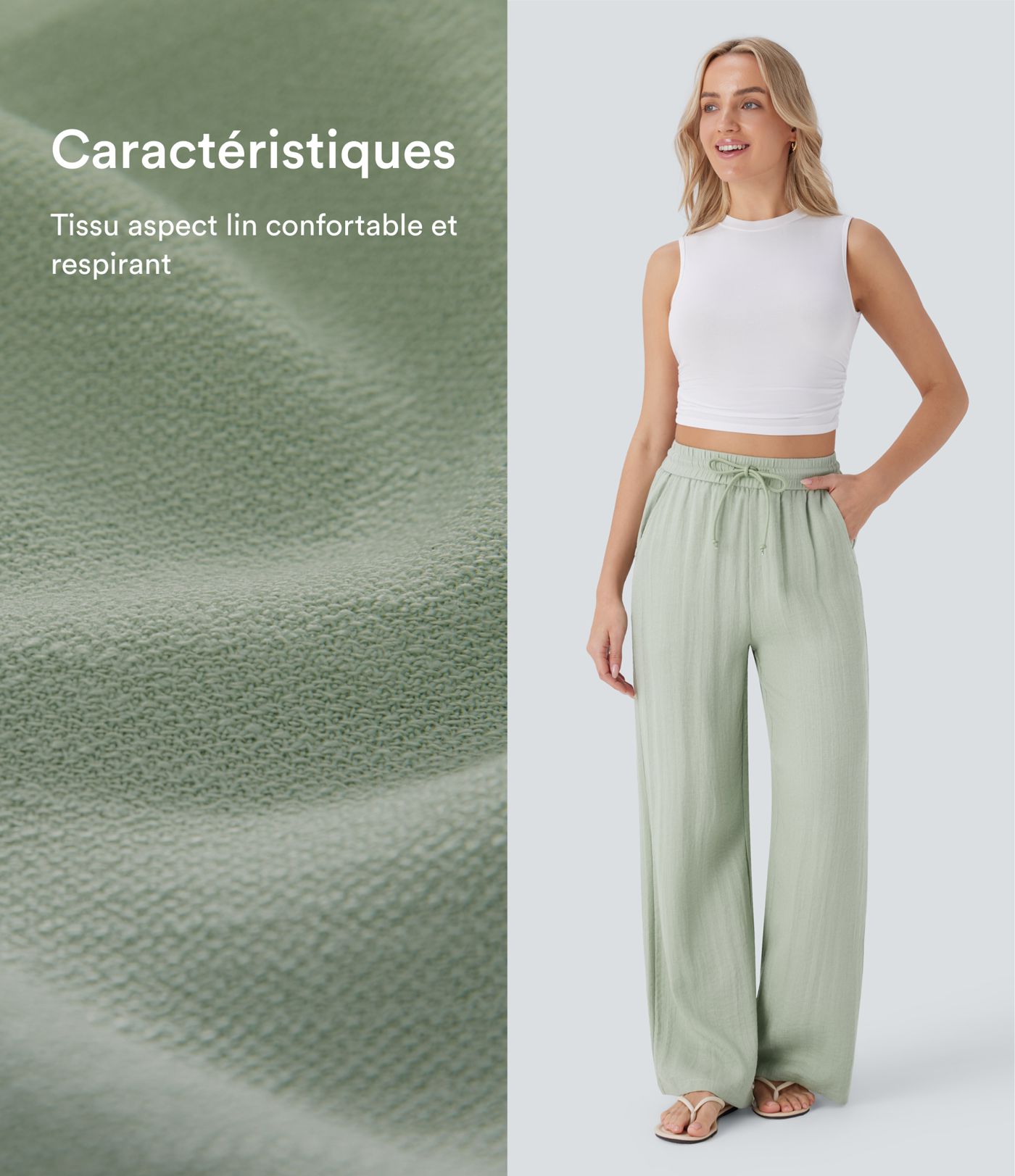 Pantalon large fluide taille haute avec cordon de serrage, poches latérales et aspect lin