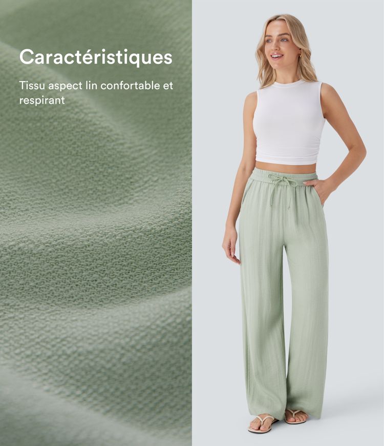 Pantalon large fluide taille haute avec cordon de serrage, poches latérales et aspect lin