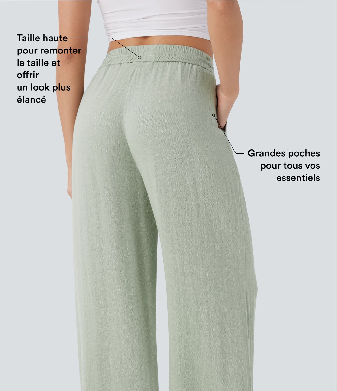 Pantalon large fluide taille haute avec cordon de serrage, poches latérales et aspect lin
