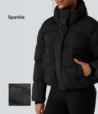 Puffer jacket with a high collar, sparkle effect, and pockets