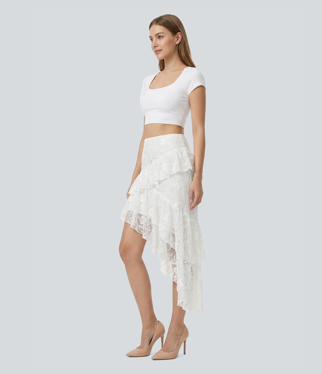 Mid Rise Layered Contrast Lace Midi Casual Skirt