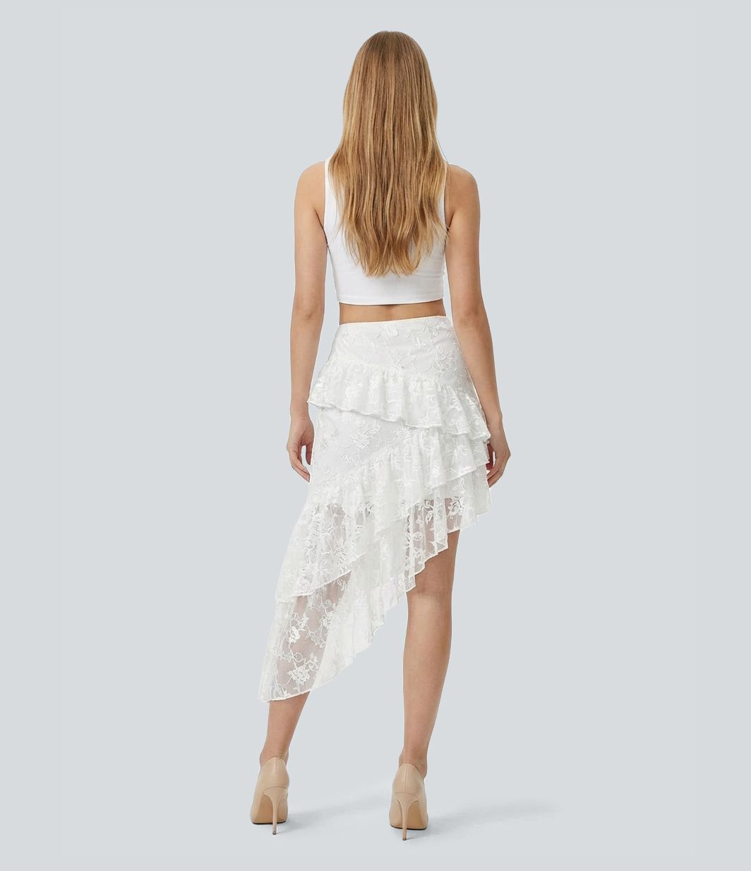 Mid Rise Layered Contrast Lace Midi Casual Skirt