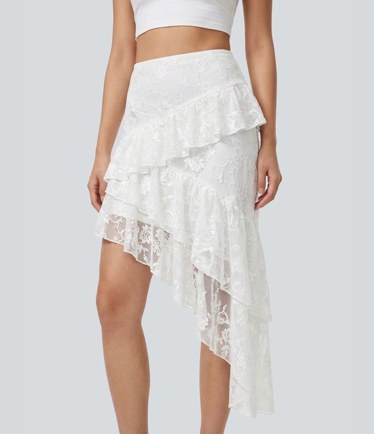 Mid Rise Layered Contrast Lace Midi Casual Skirt