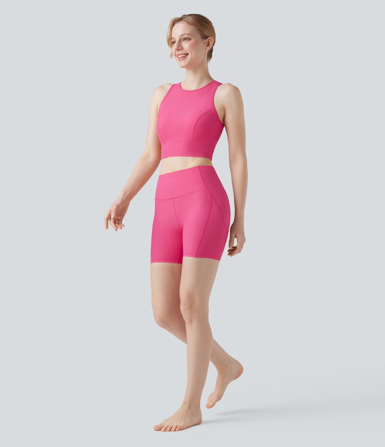 Land to Water Crisscross Back Built-in Bra Cropped Tankini Top Swimsuit