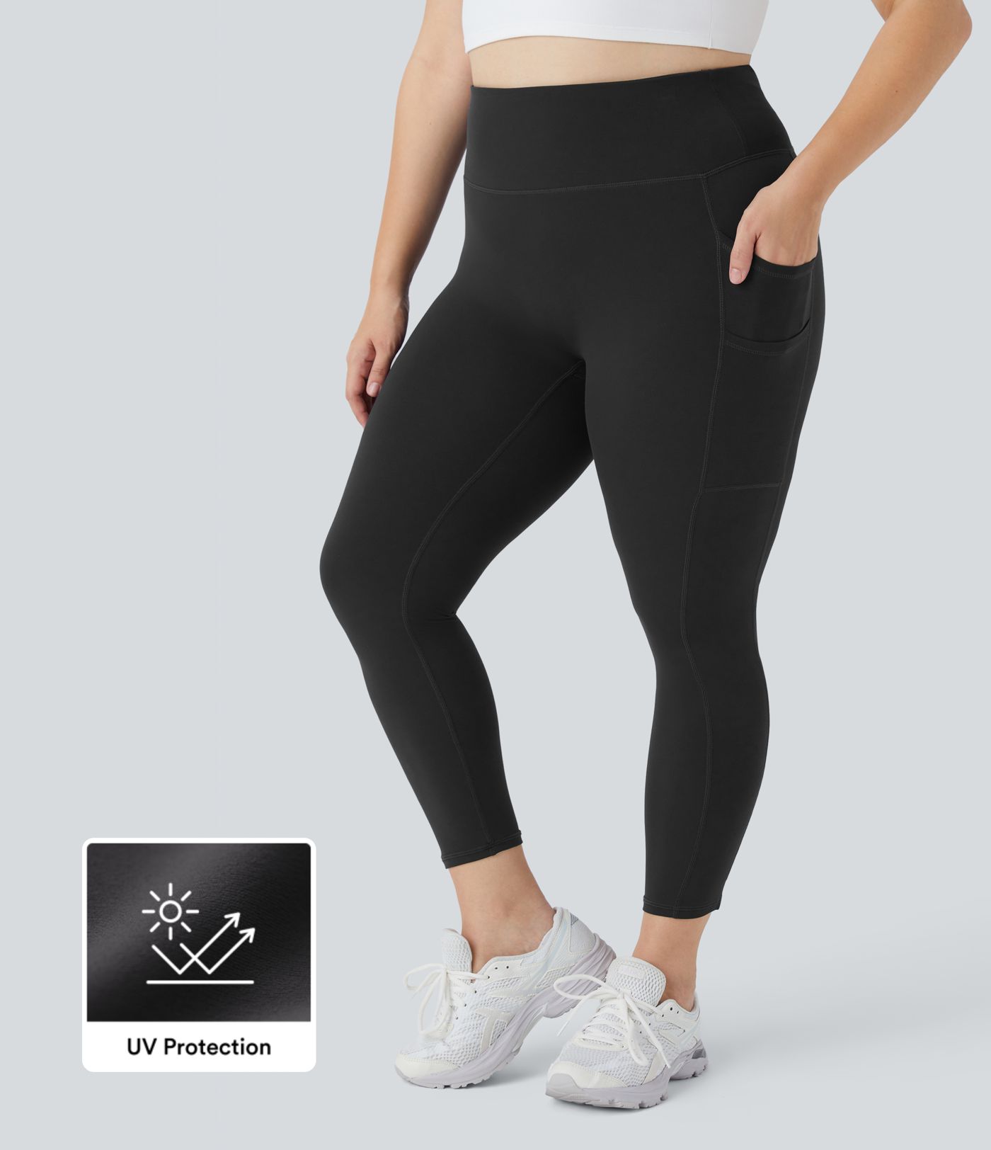 SoftlyZero™ High Waisted Double Pockets Plus Size Plain Yoga 7/8 Leggings-UPF50+