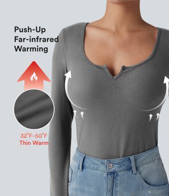 Push-Up Molded Cups Notched Long Sleeve Casual Warming Top A/B Cup