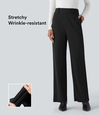 Wrinkle-resistant High Waisted Straight Leg Work Pants with Pockets