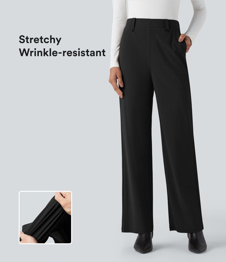 Wrinkle-resistant High Waisted Straight Leg Work Pants with Pockets