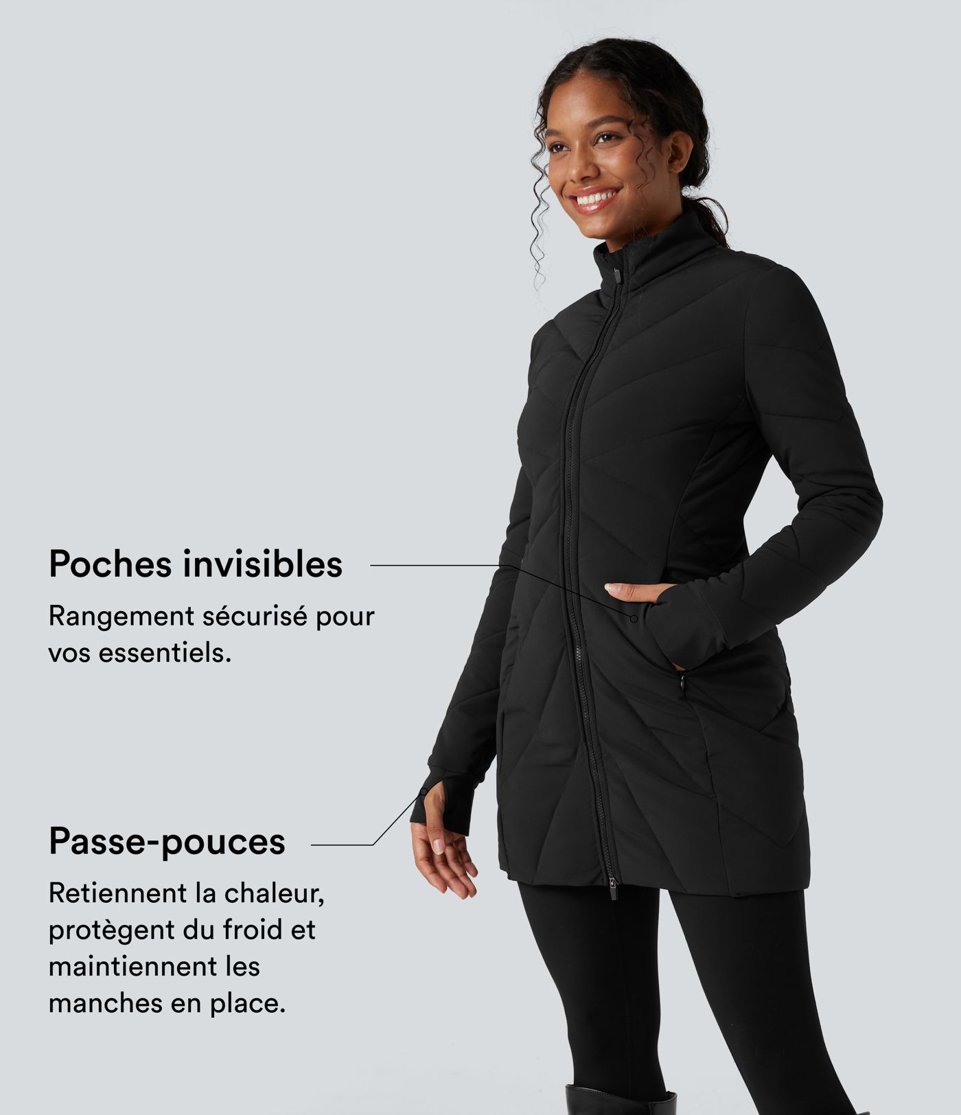 Doudoune PuffFlex col montant double zip avec passants pouces avec poches