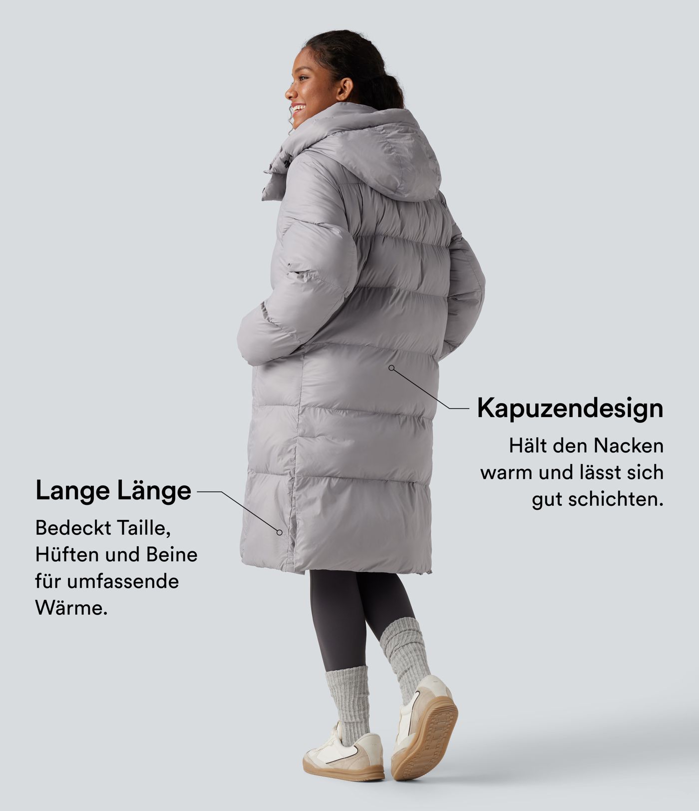 Lässige, lange Pufferjacke mit Kapuze, Seitentaschen, Reißverschluss und langen Ärmeln