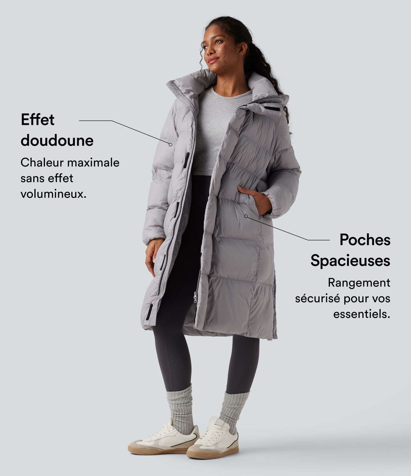 Doudoune longue à capuche zippée à manches longues avec poches