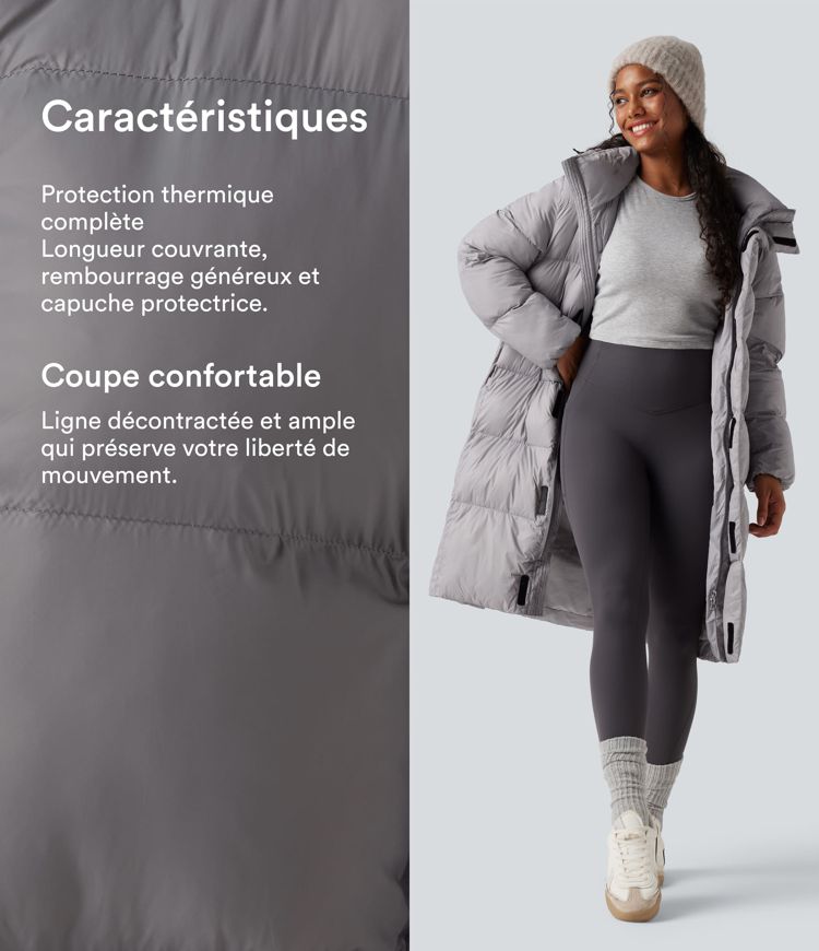 Doudoune longue à capuche zippée à manches longues avec poches