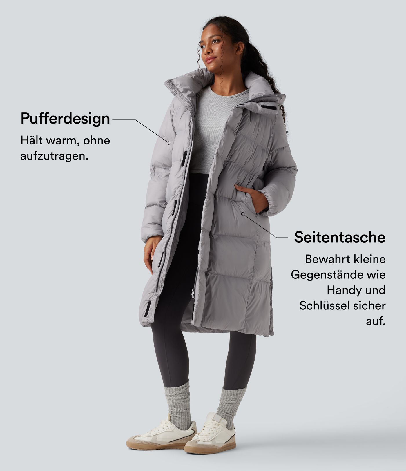 Lässige, lange Pufferjacke mit Kapuze, Seitentaschen, Reißverschluss und langen Ärmeln