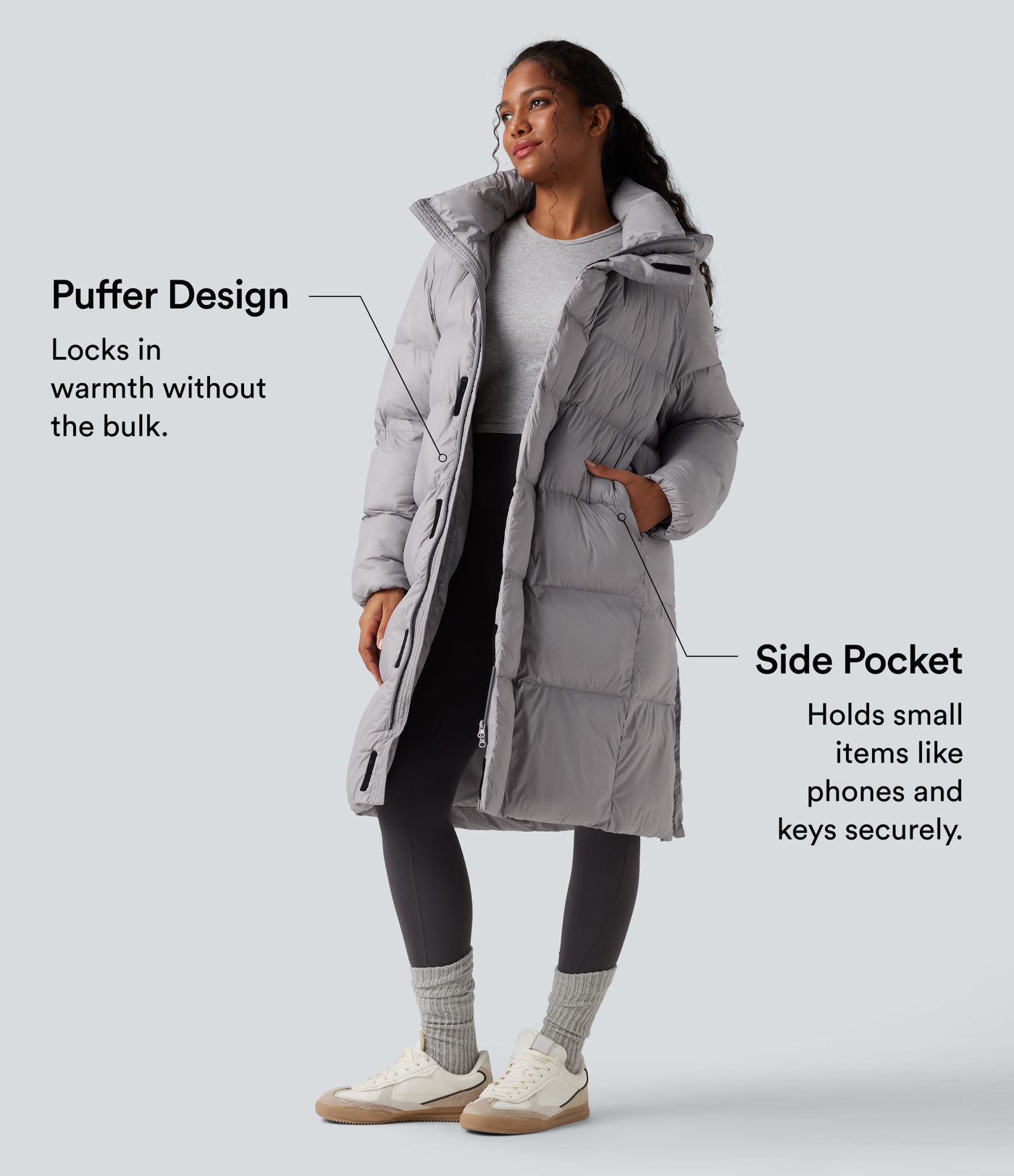 Hooded Long Sleeve Zip Longline Casual Puffer Jacket with Pockets