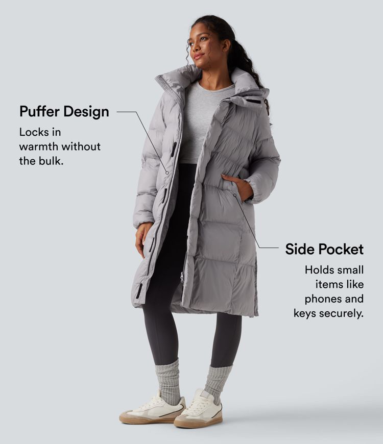 Hooded Long Sleeve Zip Longline Casual Puffer Jacket with Pockets