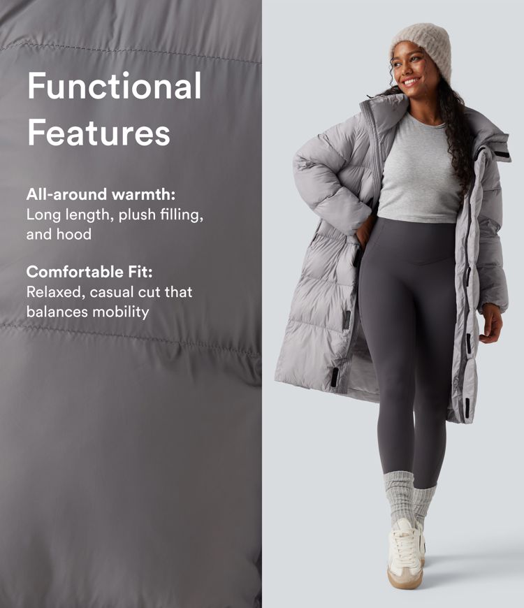 Hooded Long Sleeve Zip Longline Casual Puffer Jacket with Pockets