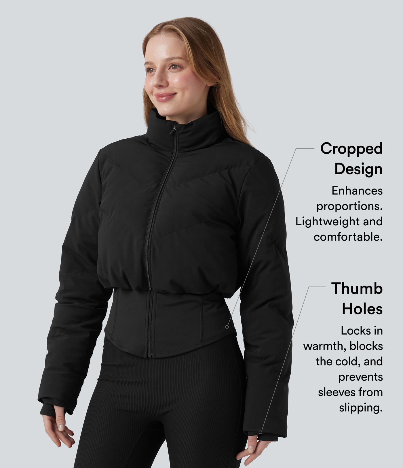 PuffFlex 3-in-1 Stand Collar Casual Cropped Puffer Coat & Thumb Holes Curved Hem Jacket with Pocket