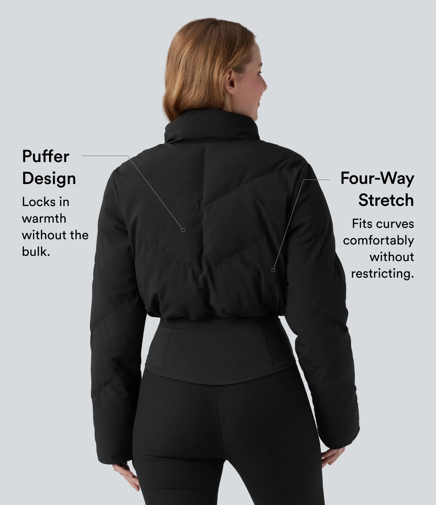 PuffFlex 3-in-1 Stand Collar Casual Cropped Puffer Coat & Thumb Holes Curved Hem Jacket with Pocket