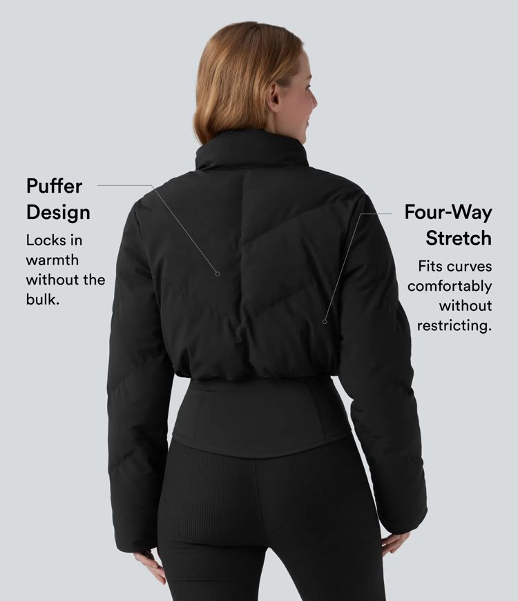 PuffFlex 3-in-1 Stand Collar Casual Cropped Puffer Coat & Thumb Holes Curved Hem Jacket with Pocket