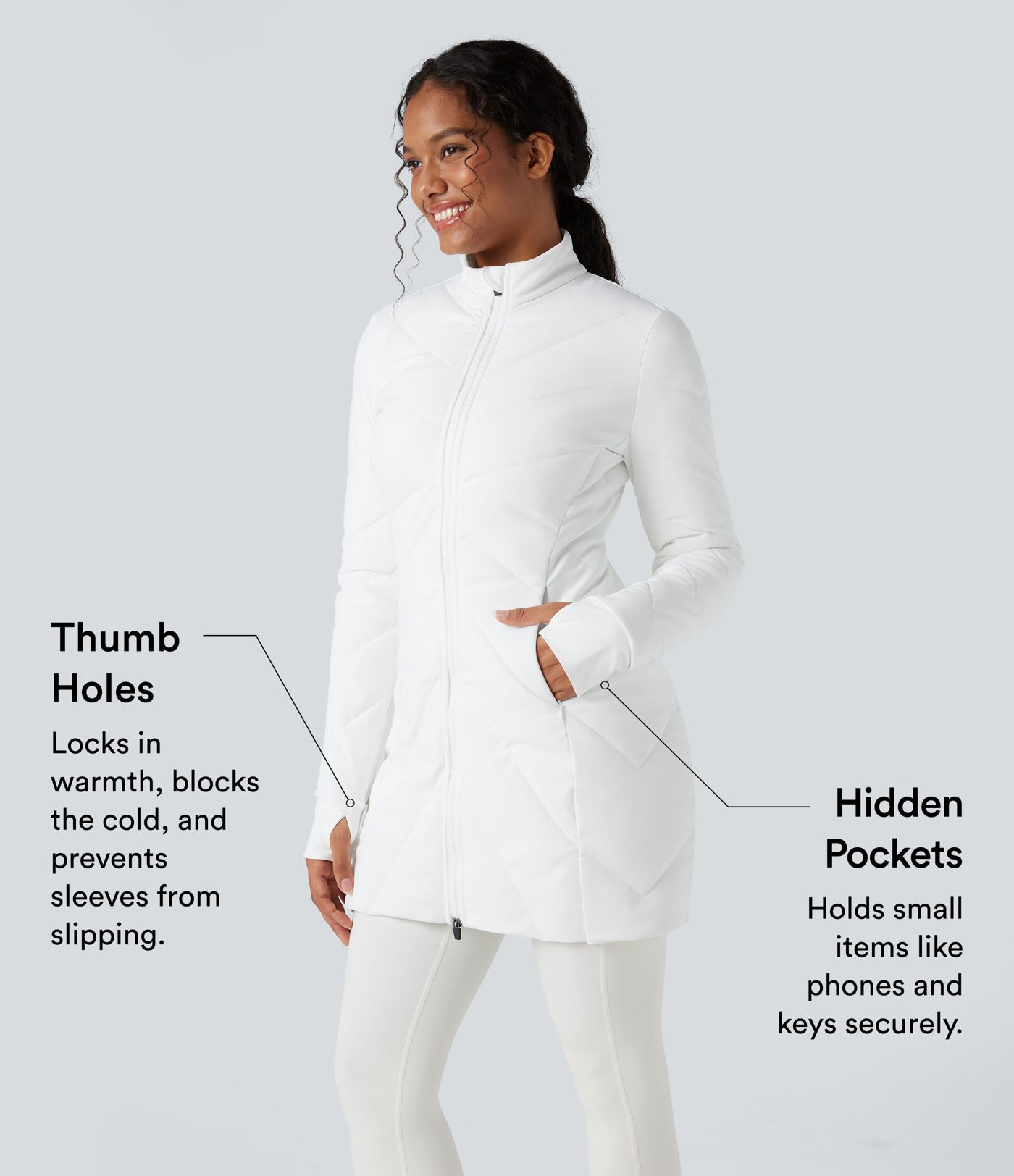 Gepolsterte Freizeitjacke mit Stehkragen, Doppelreißverschluss, Daumenlöchern und Taschen